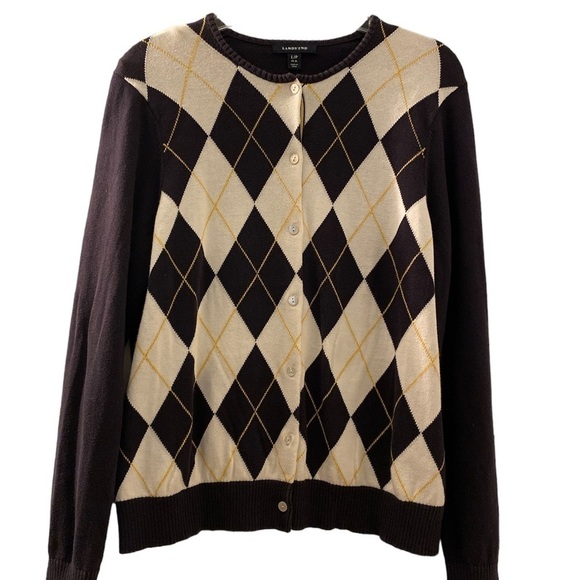 Lands End argyle sweater, large petite.  Navy Blue with cream and gold . - Picture 1 of 6